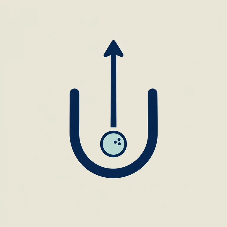 A ball inside a horseshoe tee box, with an arrow pointing out through its open end.